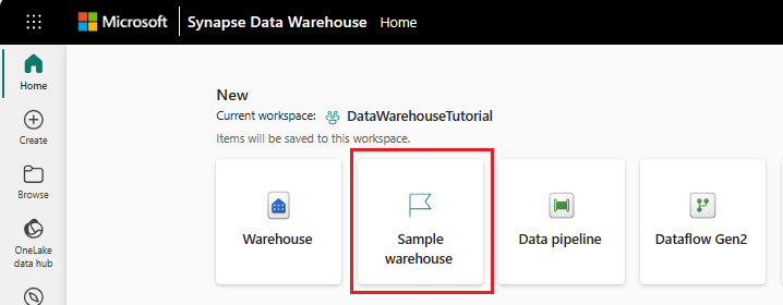 Capture d'écran montrant la carte Warehouse sample (Exemple d’entrepôt) dans le hub Home (Accueil).