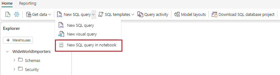 Capture d’écran du portail Fabric de la nouvelle requête SQL dans l’option de menu Notebook.