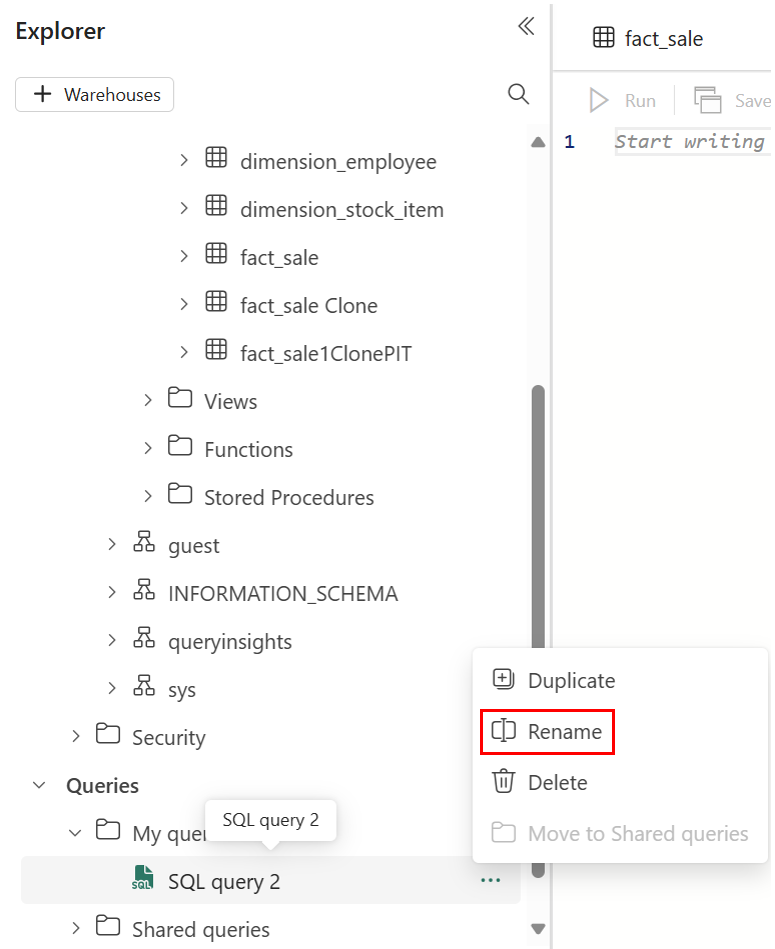 Capture d'écran du volet Explorateur, montrant où cliquer avec le bouton droit sur le nom de la table et sélectionner Renommer.