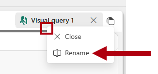 Capture d’écran de l’endroit où sélectionner avec le bouton droit la nouvelle requête visuelle dans le volet Explorateur et de l’endroit où sélectionner Renommer.