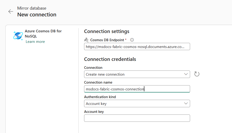 Capture d'écran de la nouvelle boîte de dialogue de connexion avec les identifiants d'un compte Azure Cosmos DB for NoSQL.
