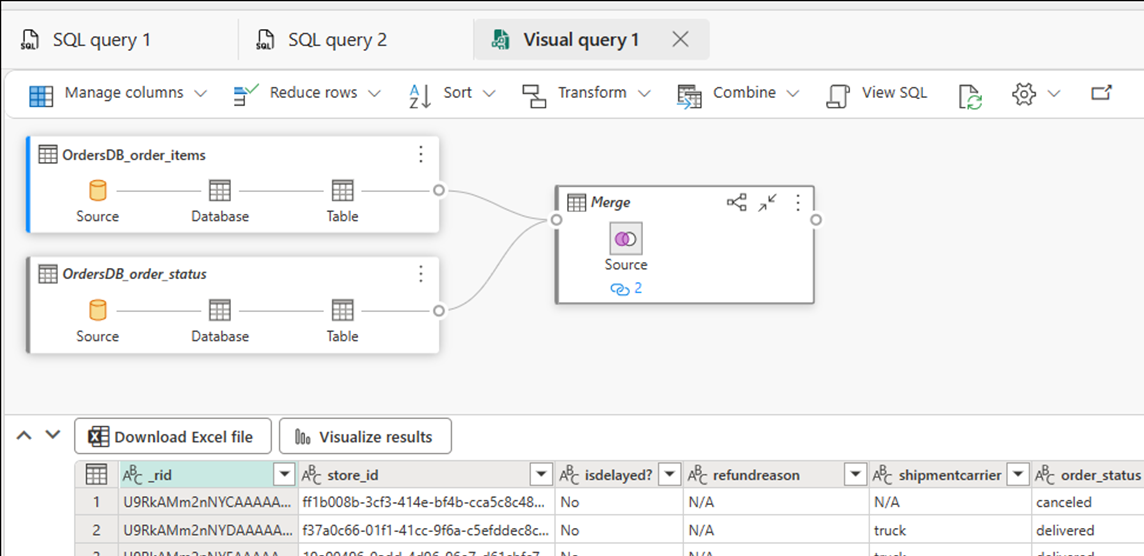 Capture d'écran de l'éditeur de requête pour les requêtes textuelles et d'objet visuel dans Microsoft Fabric.
