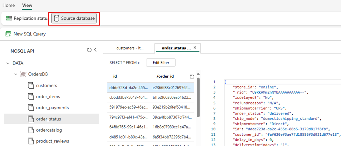 Capture d'écran de l'explorateur de données avec une vue en lecture seule des données NoSQL dans le compte Azure Cosmos DB.