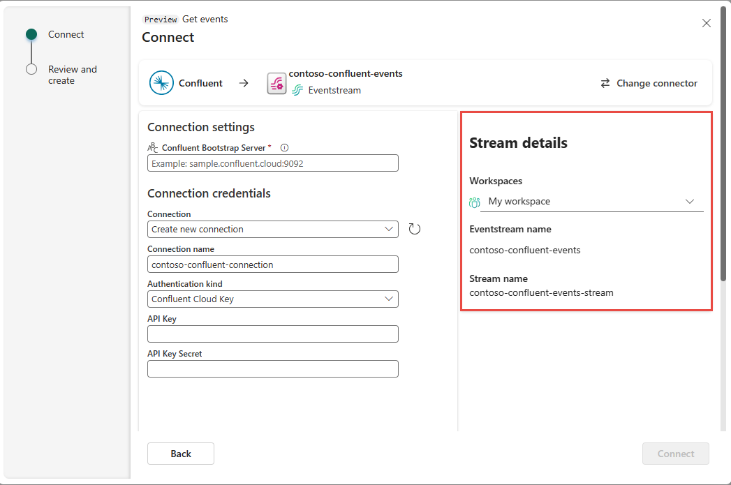 Capture d’écran montrant le volet droit avec la section Détails du flux de la page paramètres de connexion Confluent. 