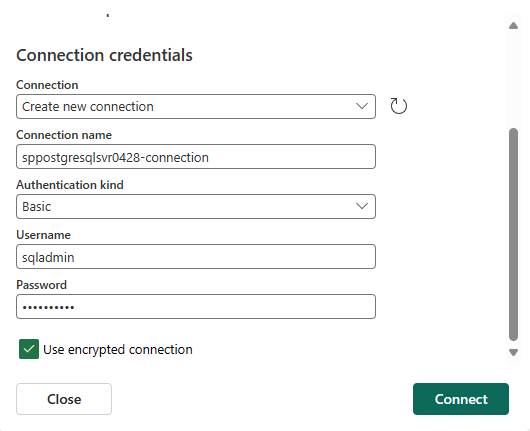 Capture d’écran montrant la section Identifiants de connexion pour le connecteur Azure PostgreSQL Database.