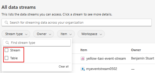 Capture d’écran montrant les types de flux disponibles dans le hub en temps réel.