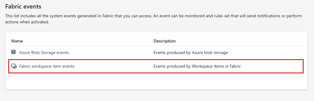 Capture d’écran montrant la sélection d’événements de Stockage Blob Azure dans l’onglet Événements Fabric.