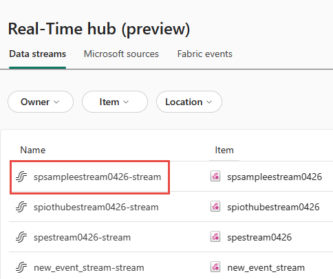 Capture d’écran montrant le hub en temps réel avec un flux de données sélectionné.