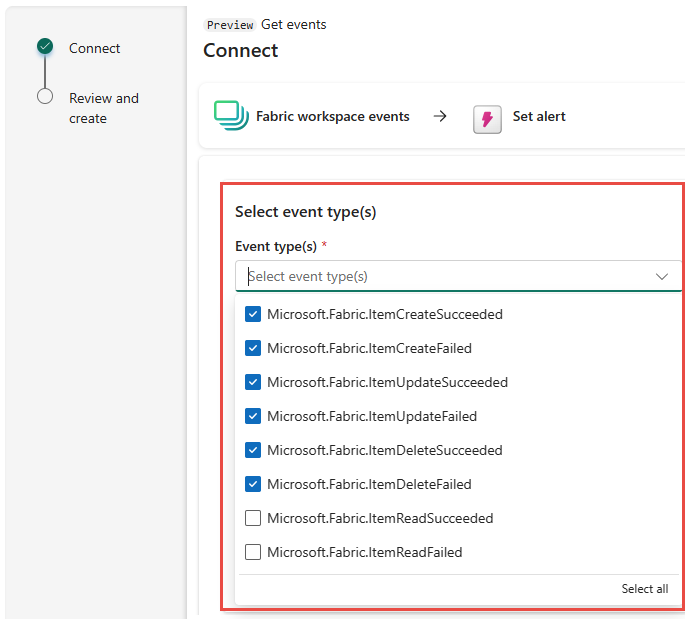 Capture d’écran montrant les types d’événements pour les événements d’élément d’espace de travail Fabric.