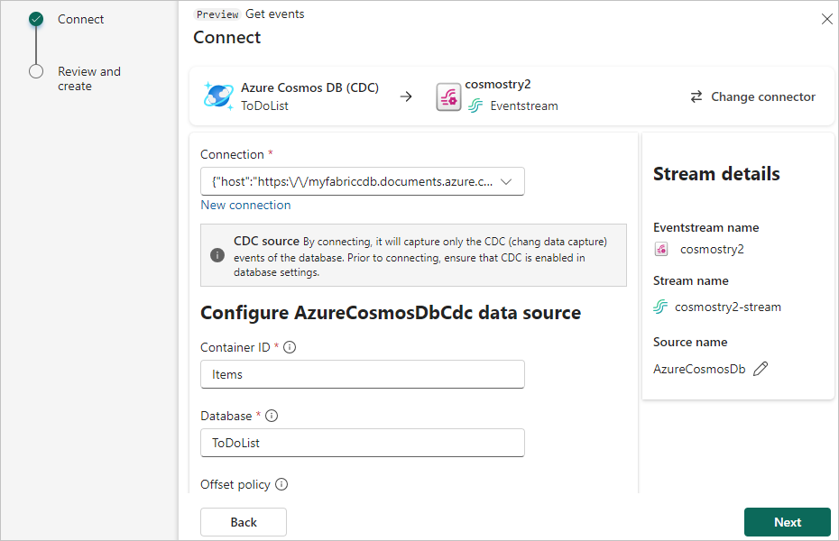 Capture d’écran des détails de connexion de la source Azure Cosmos DB CDC.