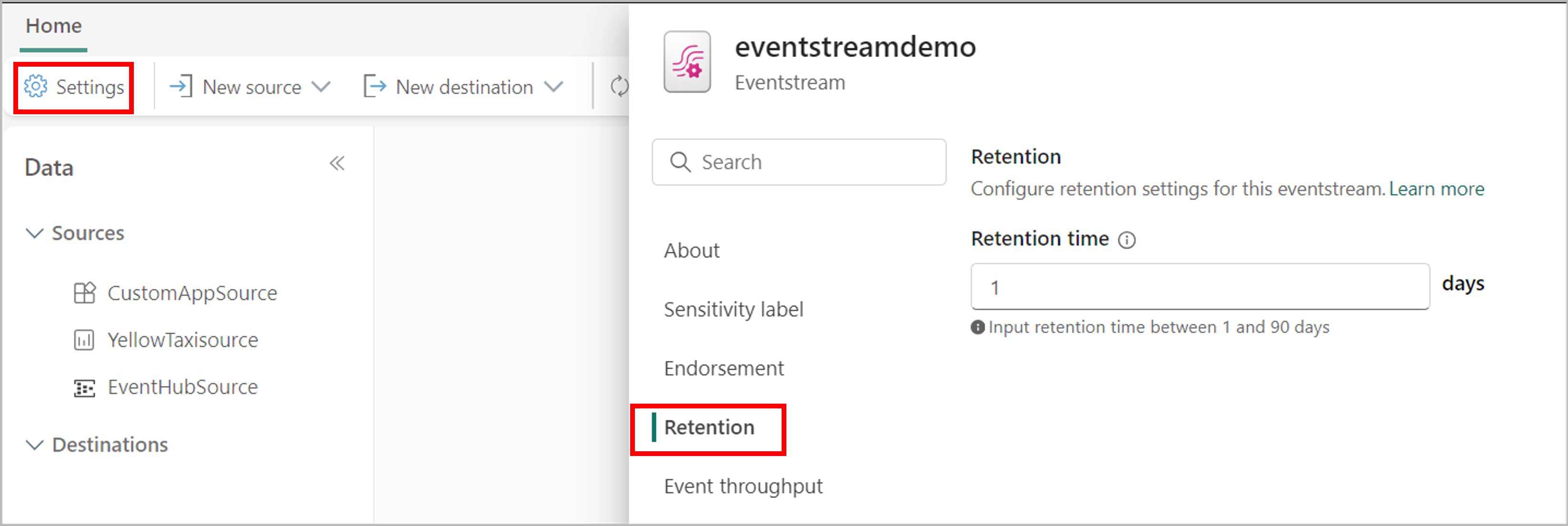 Capture d’écran montrant le paramètre de rétention d’un Eventstream.