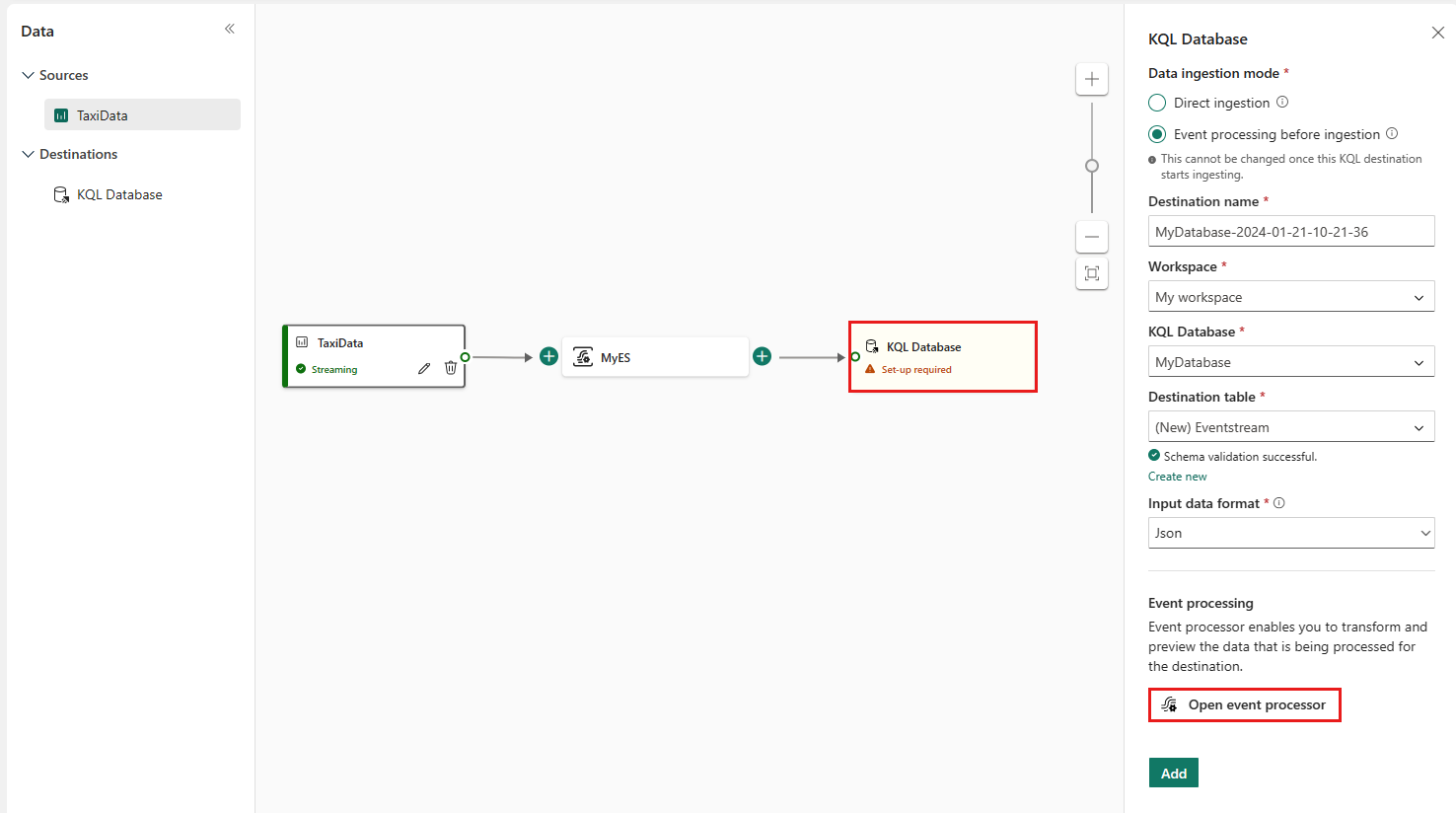 Capture d’écran des événements de processus dans la page Eventstream.