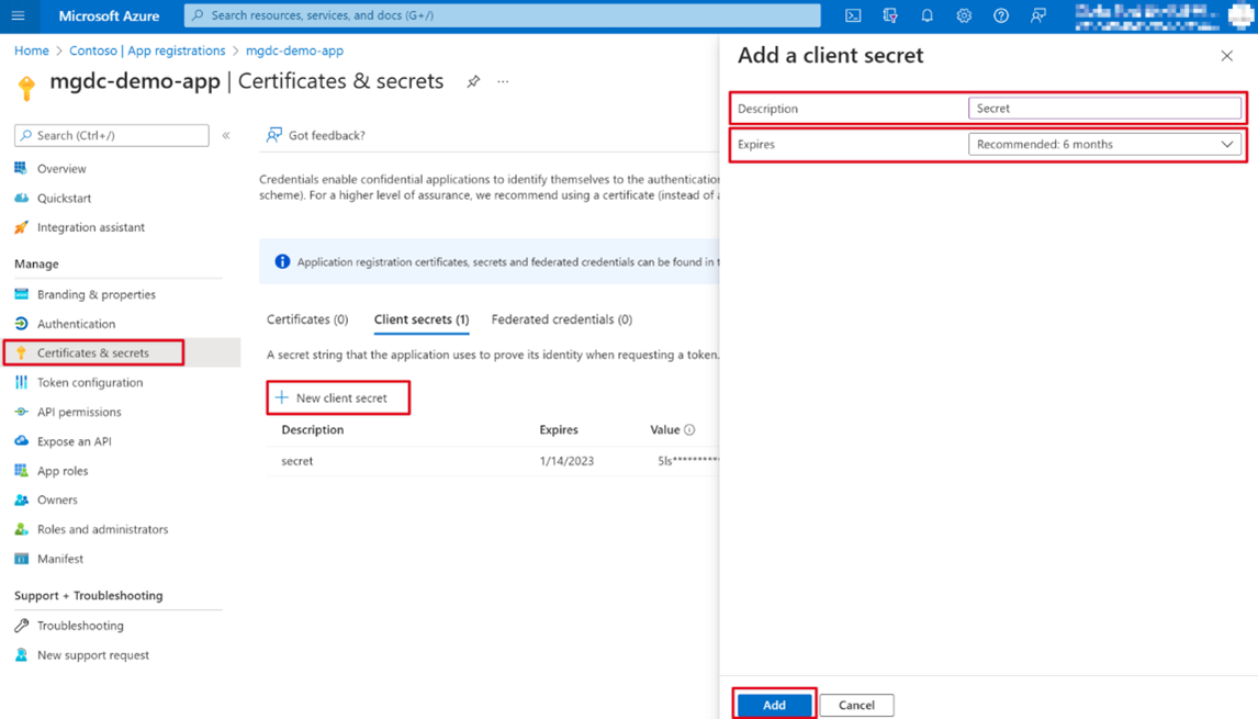 Capture d’écran montrant le processus de création d’une clé secrète client dans le Portail Azure.