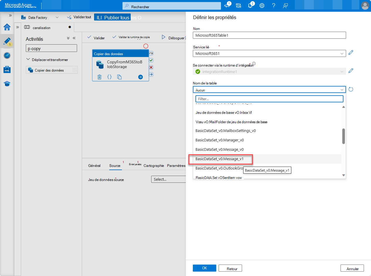 Capture d’écran de la page de ressources Portail Azure Factory avec la liste des jeux de données développée.