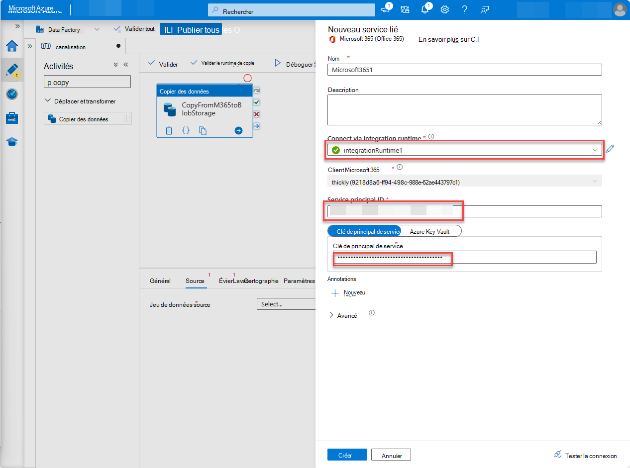 Capture d’écran de la page de service Portail Azure Data Factory avec la clé de principal de service configurée.