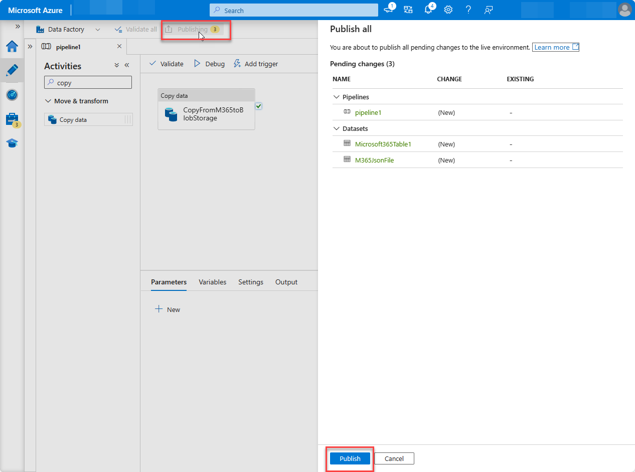 Capture d’écran de la page des ressources Portail Azure Factory avec publier tout en surbrillance.