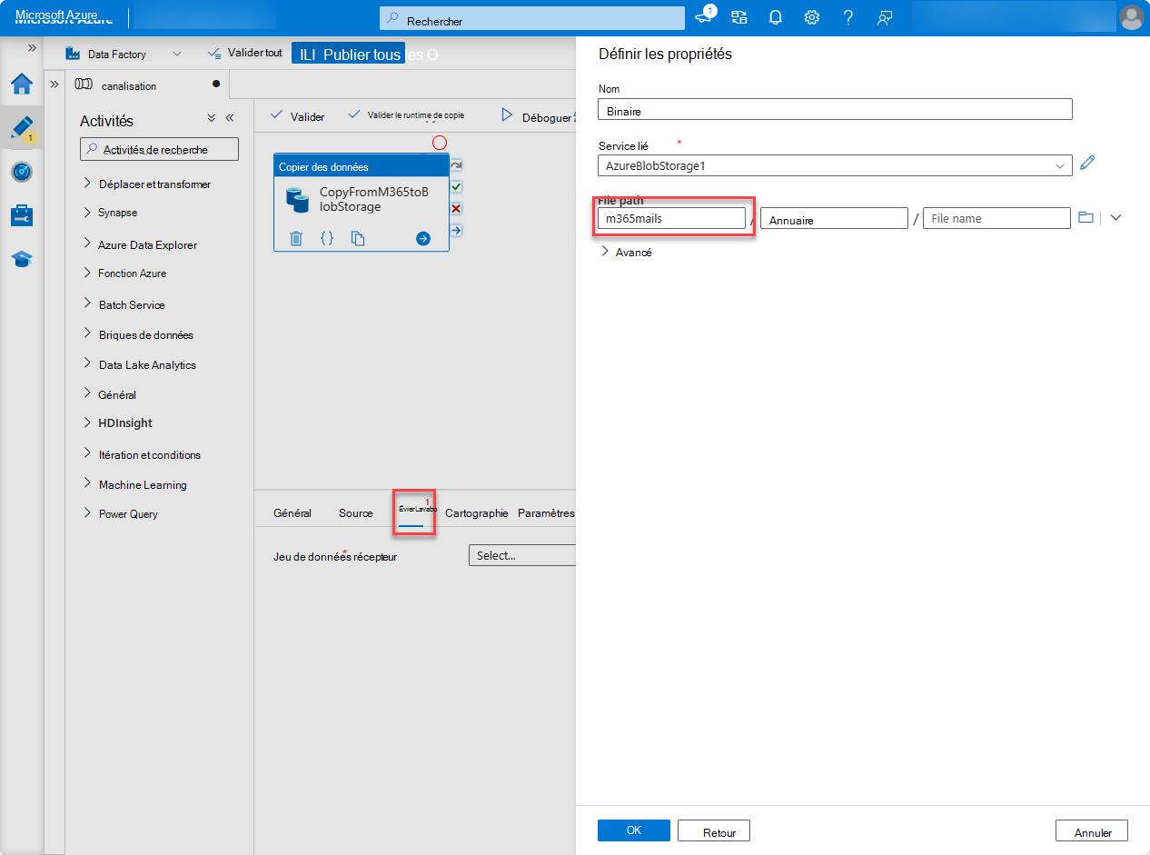 Capture d’écran de la page de ressources Portail Azure Factory avec le champ de chemin d’accès de fichier mis en évidence.