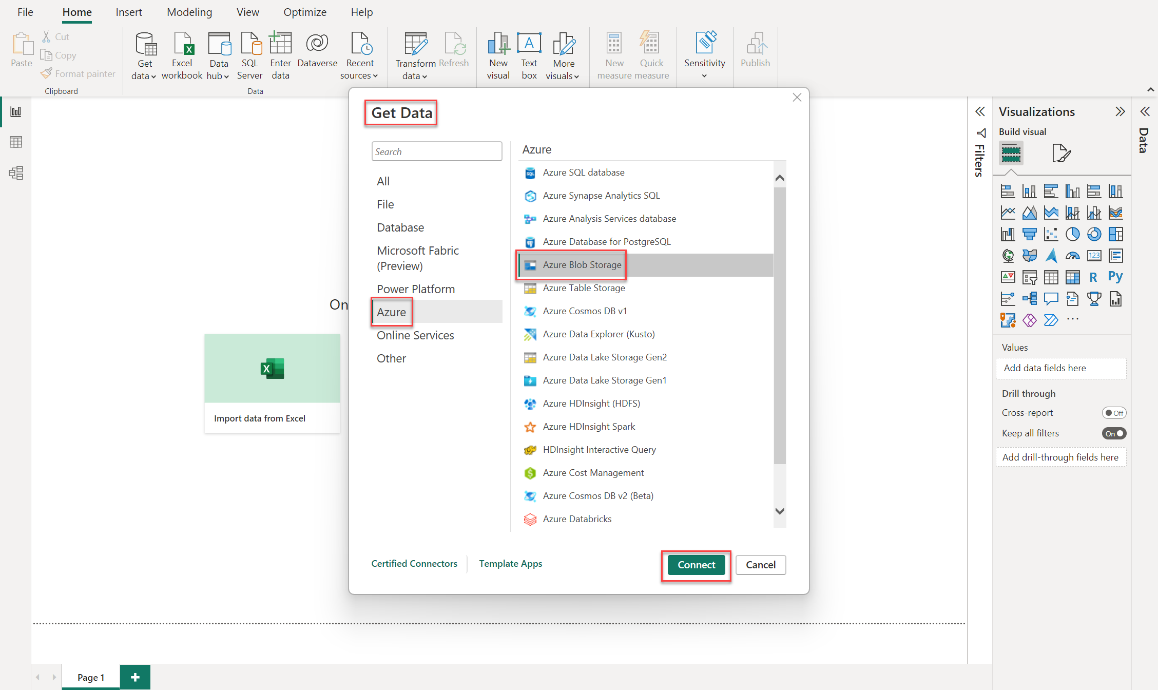 Capture d’écran montrant comment se connecter pour obtenir des données à partir d’un Stockage Blob Azure dans Power BI.