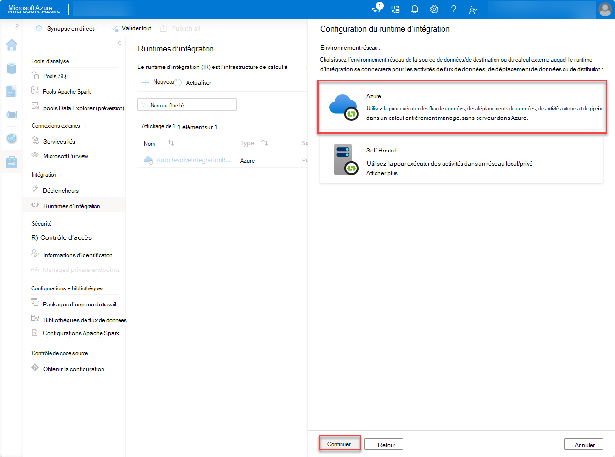 Capture d’écran de la configuration du runtime d’intégration avec Azure sélectionné pour environnement réseau et Continuer mis en évidence.
