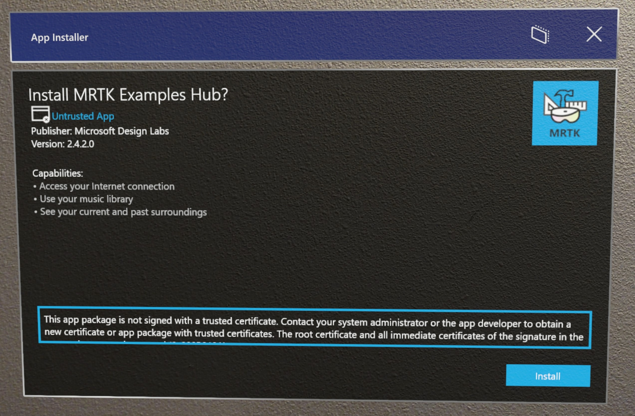 Exemples d’installation de MRTK via le programme d’installation d’application.