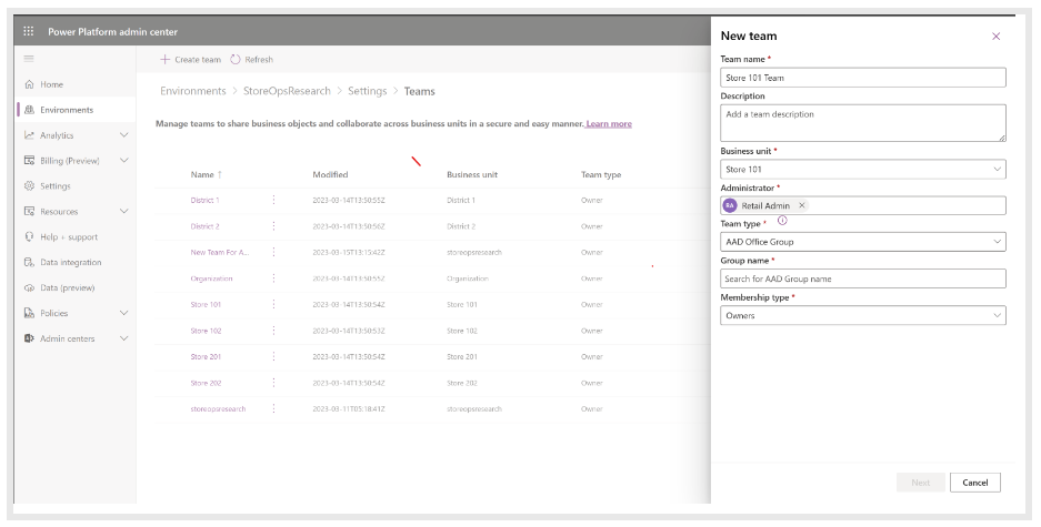 The image shows how to configure teams in Store Operations Assist.