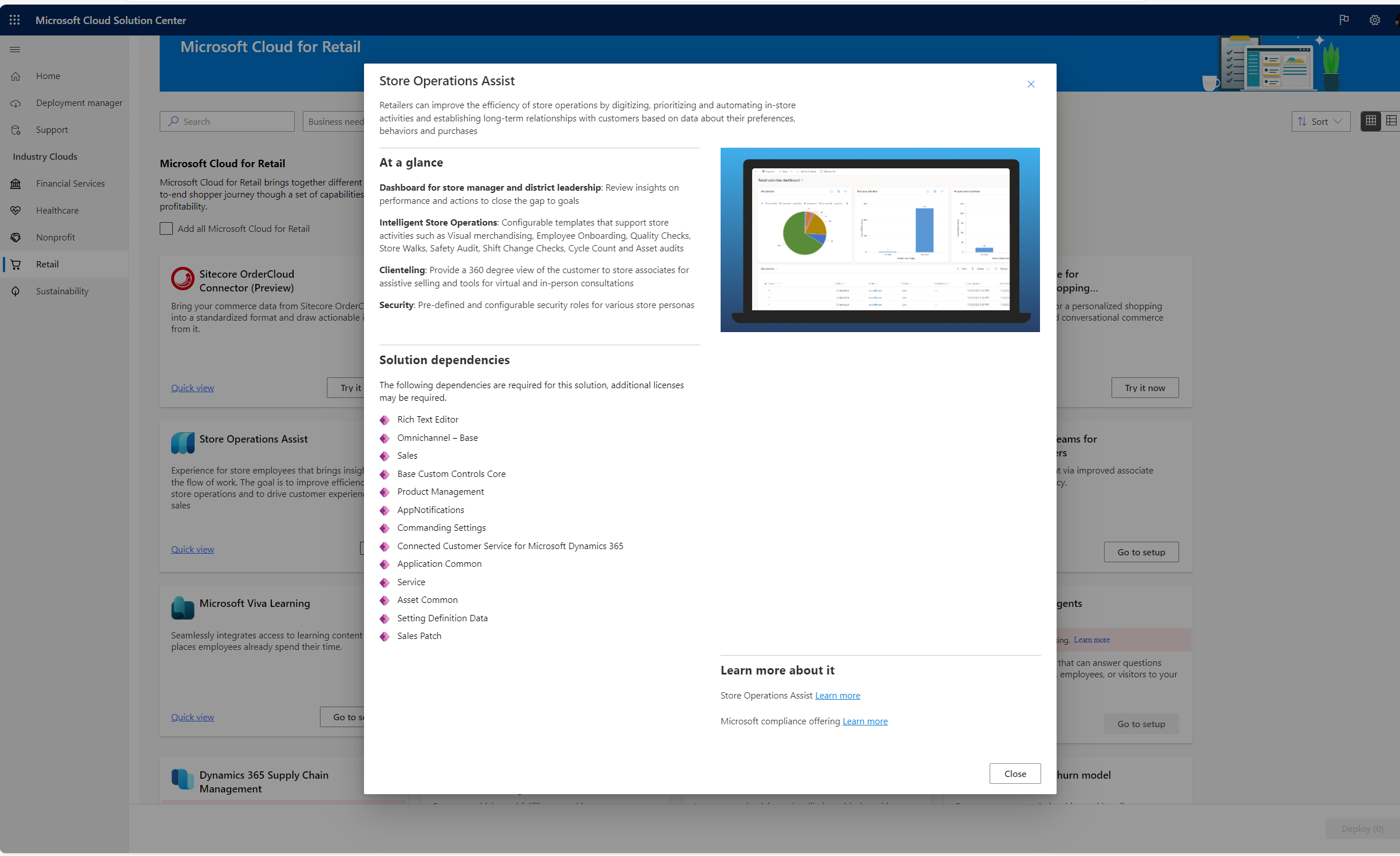 The image shows the predeployment dependencies check for Store Operations Assist.