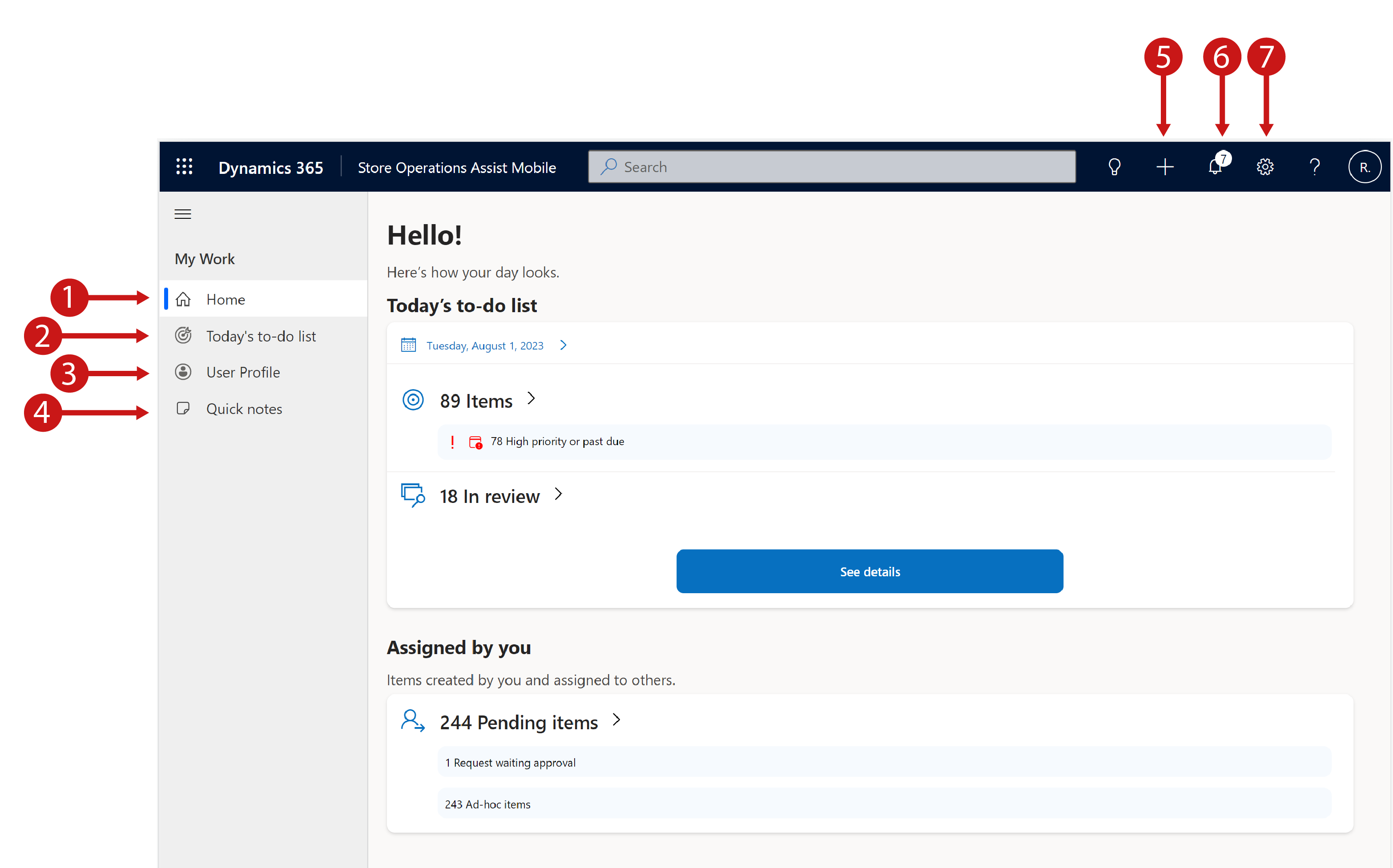 The image shows the site map of Store Operations Assist Mobile screen using callouts.