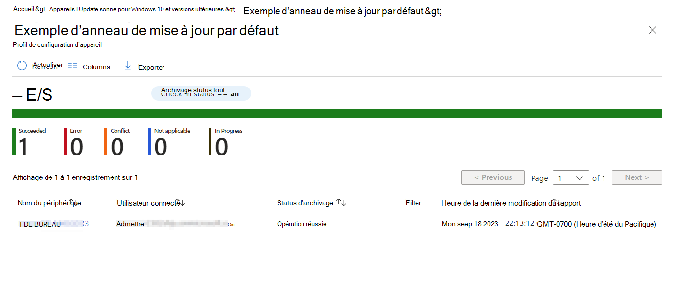 Capture d’écran qui affiche les détails disponibles à partir de l’action Afficher le rapport.