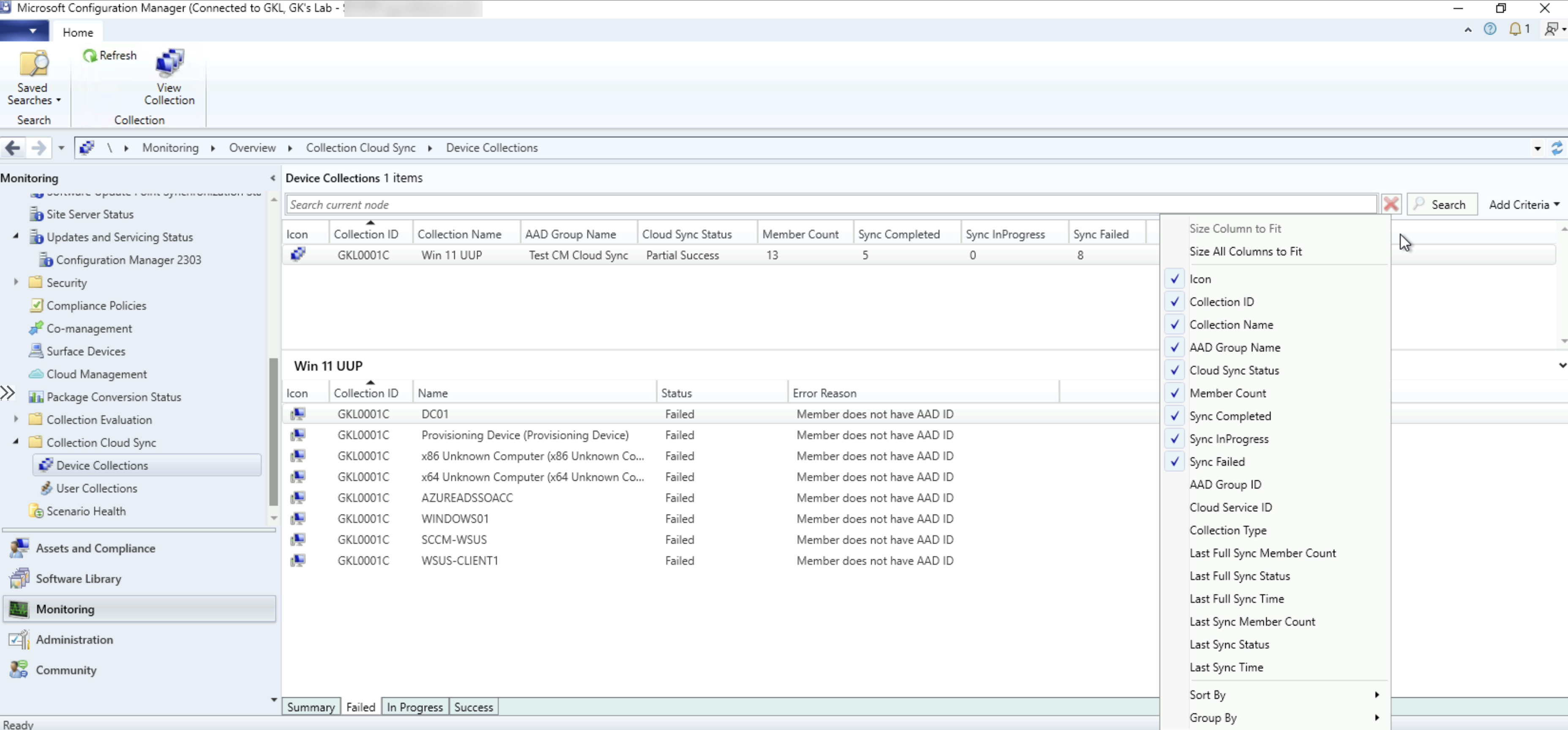 Capture d’écran de l’état de la synchronisation cloud des collections.