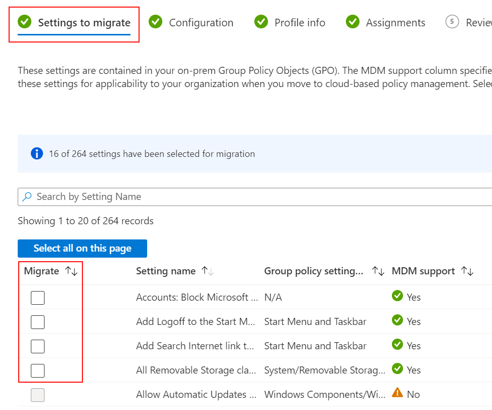 Capture d’écran montrant les paramètres à migrer et comment activer la case à cocher Migrer dans Microsoft Intune.