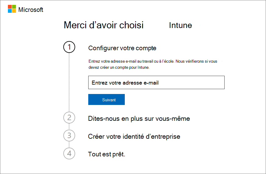 Capture d’écran de la page configurer le compte Microsoft Intune - Entrer un e-mail