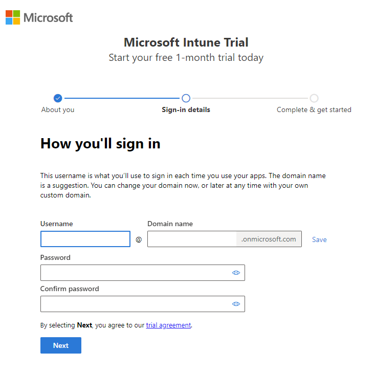 Capture d’écran de la page de configuration du compte Microsoft Intune - Se connecter