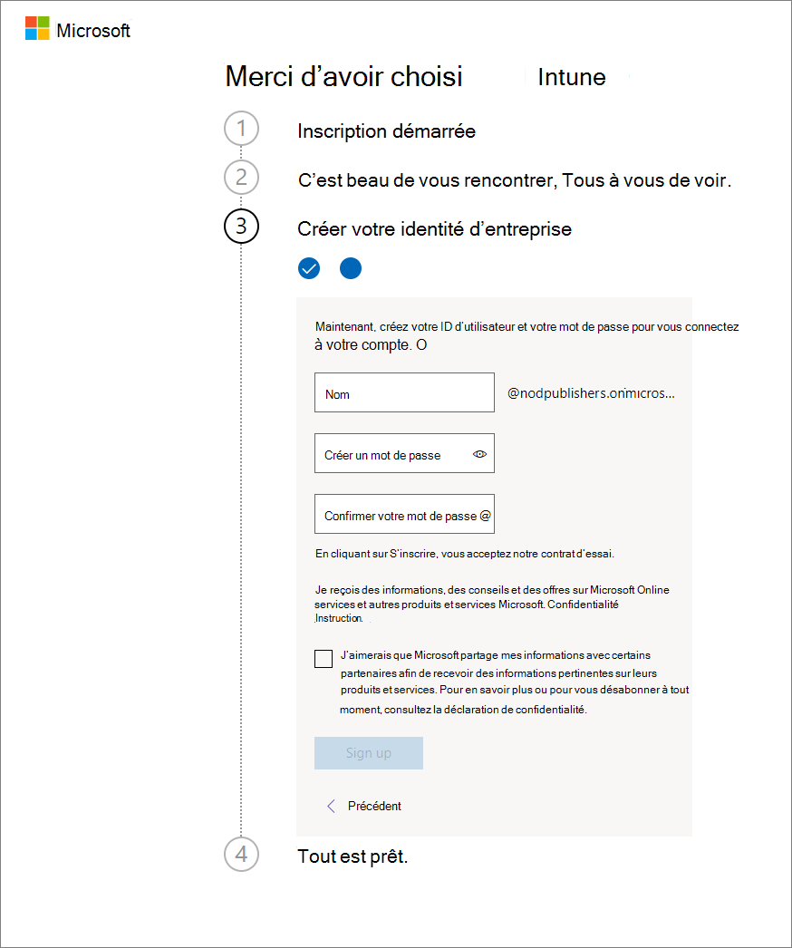 Capture d’écran de la page de configuration du compte Microsoft Intune - Détails de la confirmation