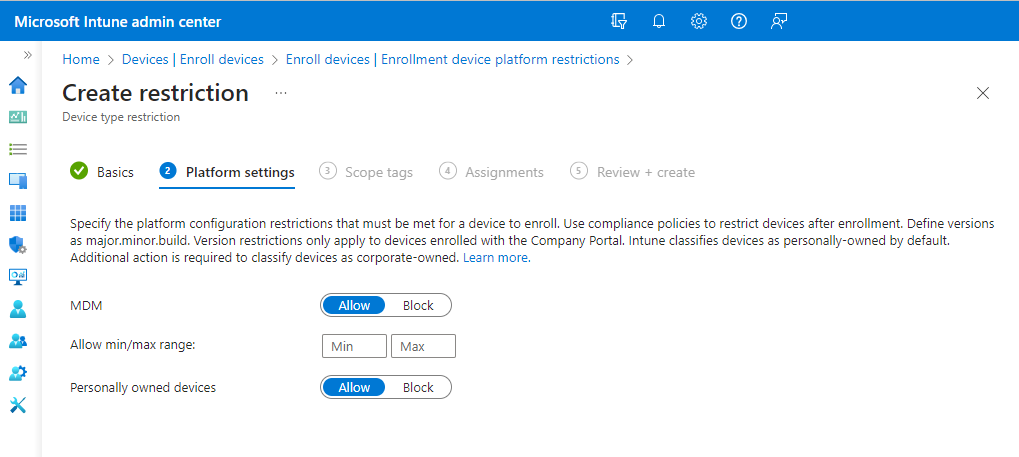 Page restrictions de configuration de plateforme.