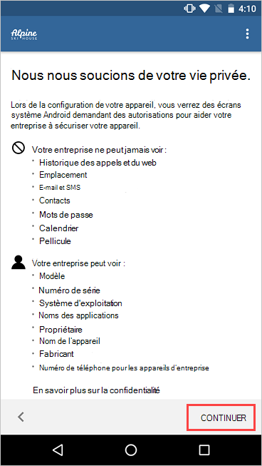 Capture d’écran du portail d’entreprise, nous nous soucions de votre écran de confidentialité, en mettant en évidence le bouton Continuer.