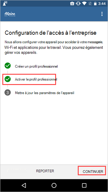 Capture d’écran du programme d’installation de l’accès à l’entreprise montrant que le profil professionnel est actif.