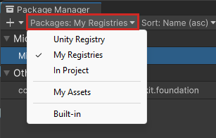 Capture d’écran du Gestionnaire de package avec la liste déroulante Packages mise en surbrillance.