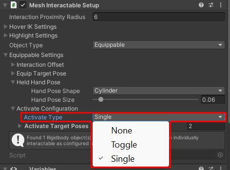 Capture d’écran du type d’activation d’un objet dans son composant Mesh Interactabe Setup.