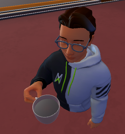 Capture d’écran d’un avatar tenant la tasse café.