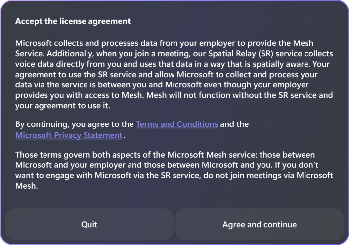 Capture d’écran du contrat de licence utilisateur final pour mesh et audio spatial.