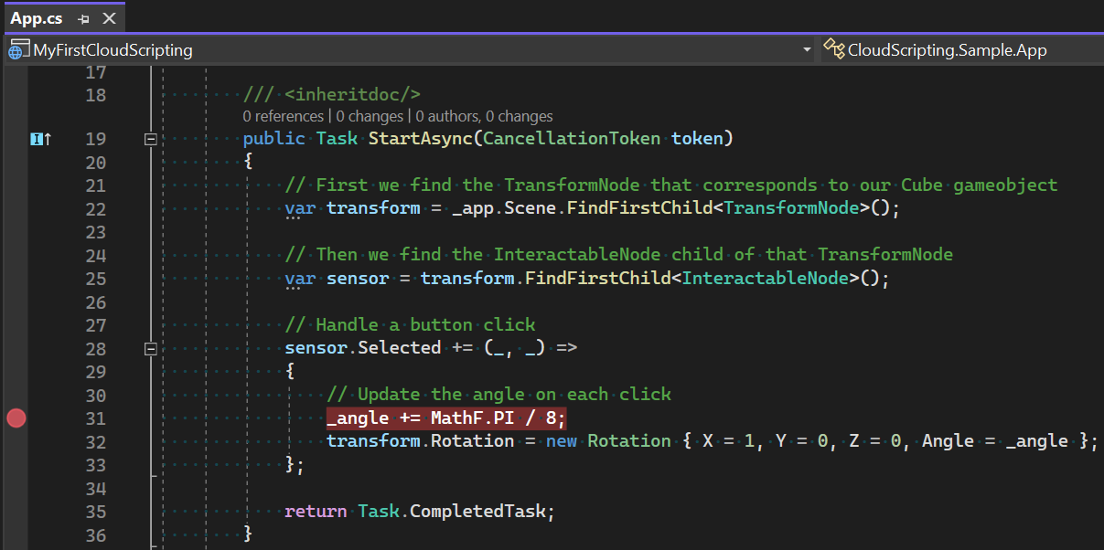 Capture d’écran d’un script C sharp utilisé dans les scripts cloud.