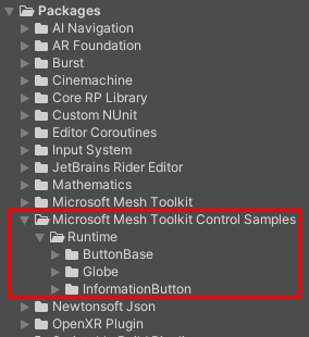Capture d’écran du package d’exemples de contrôle dans le dossier Packages.