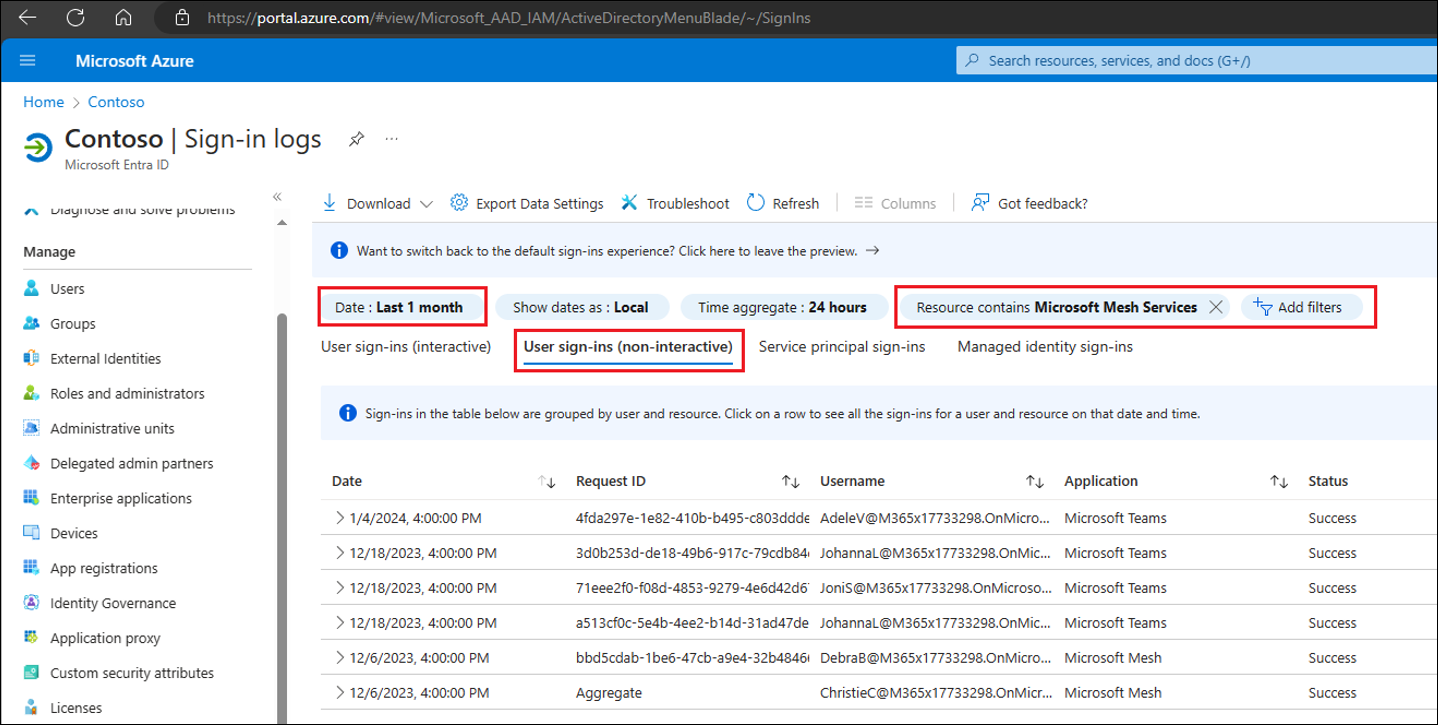 Capture d’écran de la page des connexions utilisateur dans Portail Azure montrant la date des filtres, les connexions utilisateur non interactives, le service de maillage mis en surbrillance.