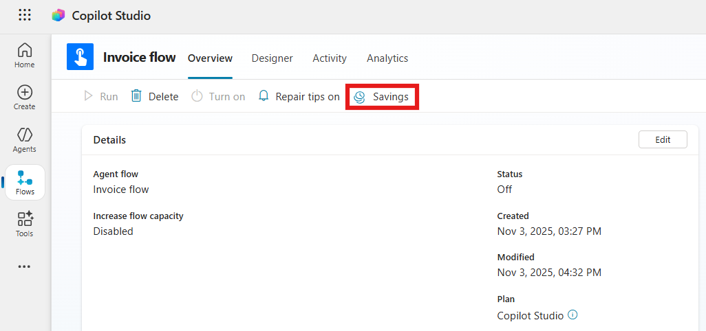 Capture d’écran de la sélection des économies dans la page Vue d’ensemble du flux d’agent.