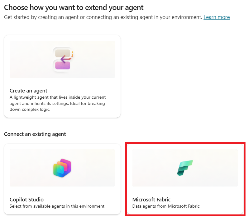 Screenshot affichant la sélection de l’option Ajouter Microsoft Fabric agent de données