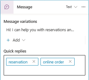 Capture d’écran des réponses rapides dans un nœud Message.