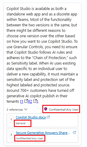 Capture d’écran d’une étiquette « confidentielle et tout utilisateur » dans une réponse de l’assistant sur le web. Les étiquettes des références individuelles apparaissent sous chaque référence.
