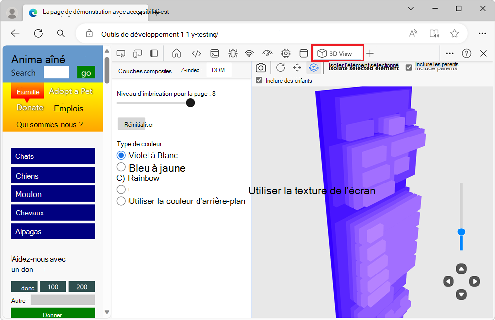 L’outil Vue 3D, affiché dans la zone principale, avec son onglet affiché dans la barre d’activités