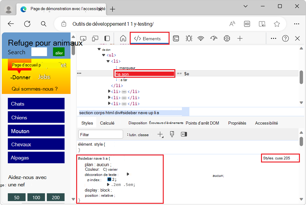L’outil Éléments, avec le nœud « a » mis en surbrillance