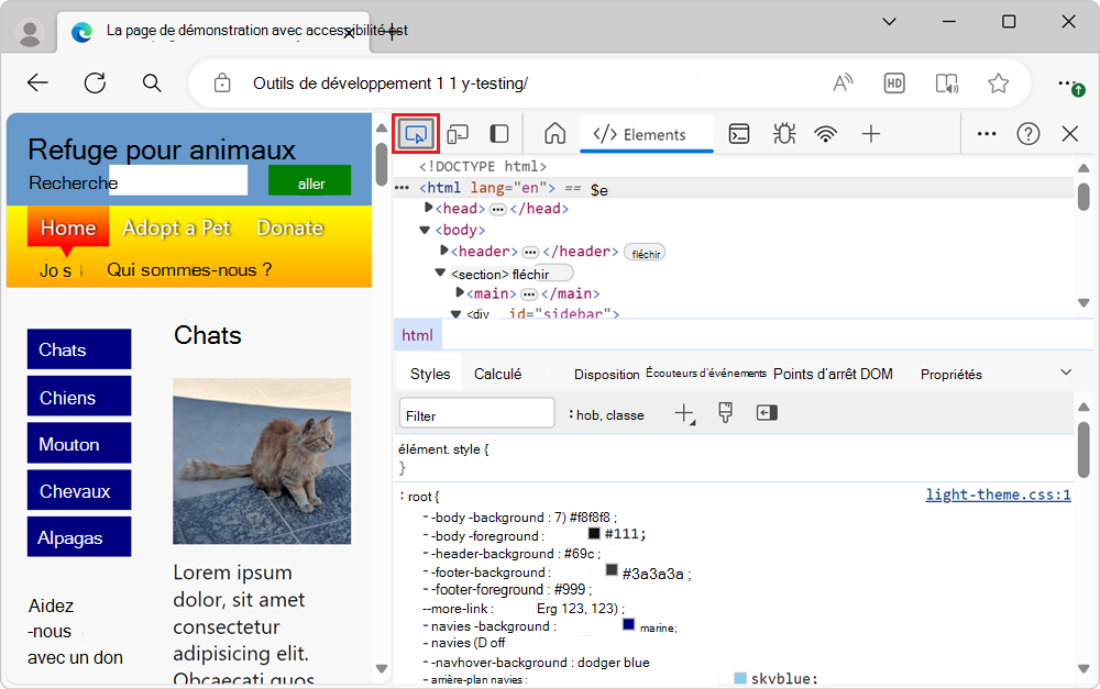 Pour activer l’outil Inspecter, cliquez sur le bouton Inspecter